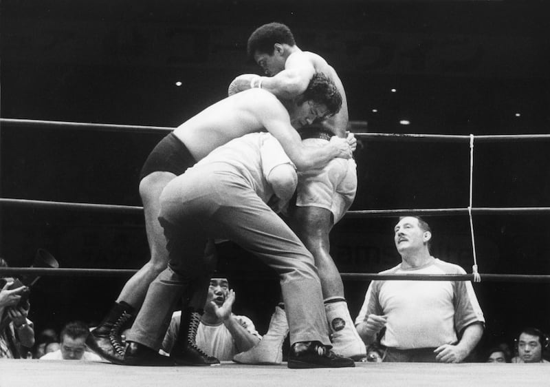 June 26th, 1976: Muhammad Ali fighting champion Japanese wrestler Antonio Inoki at Budokan Hall, Tokyo. Photograph: Keystone/Getty Images