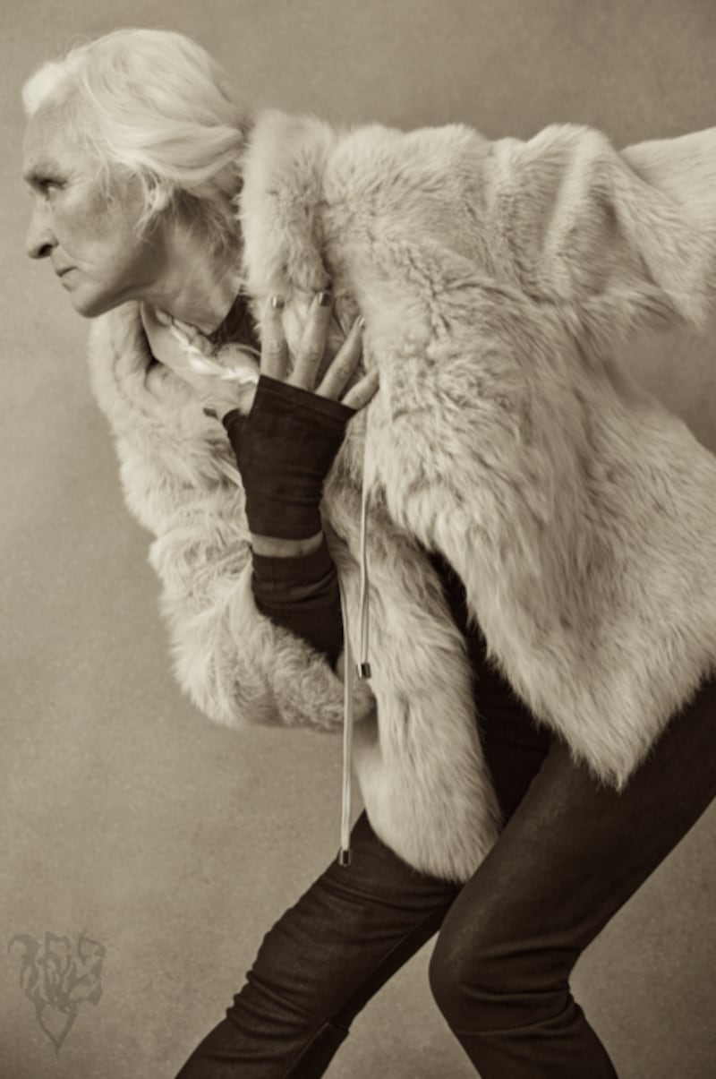 Hip-length hooded shaggy jacket in Toscana lambskin, nubuck lambskin trousers, wrist-length glove. Photograph: Eilish McCormick