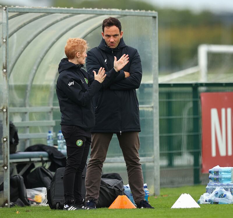 Eileen Gleeson with FAI director of football Marc Canham. Photograph: Ryan Byrne/Inpho
