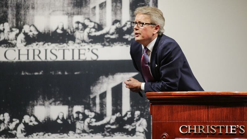 Auctioneer Jussi Pylkkanen takes bids at the auction of Leonardo da Vinci’s Salvator Mundi during the during the postwar and contemporary art evening sale at Christie’s New York on Wednesday. Photograph: Eduardo Munoz Alvarez/Getty Images