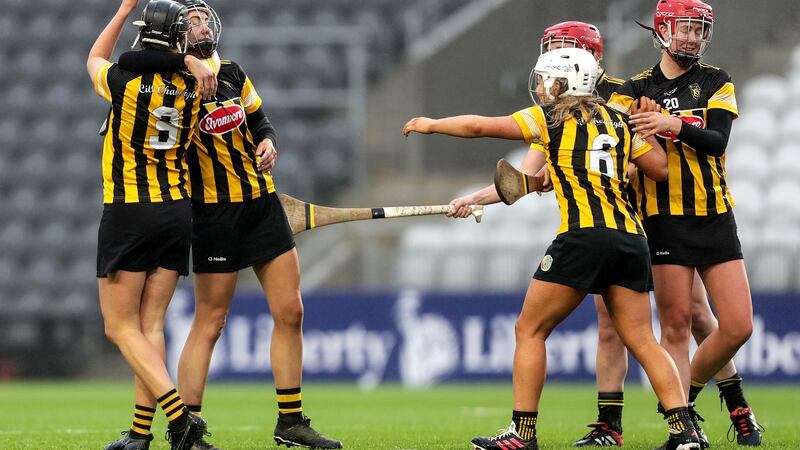 The Kilkenny players celebrate their semi-final win over COrk at the final whistle. Photograph:  Laszlo Geczo/Inpho