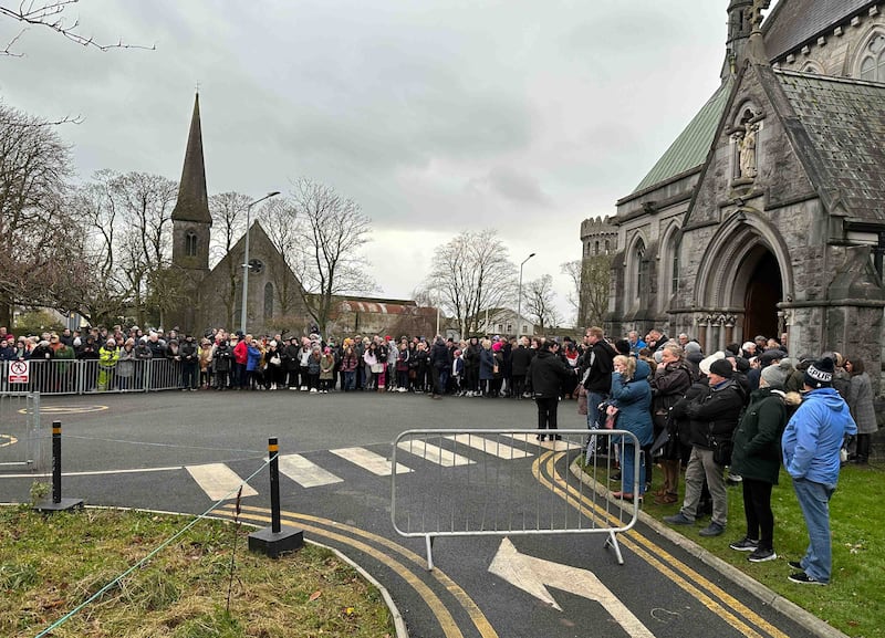 Huge crowds gathered inside and outside the church to say farewell to Shane MacGowan. Photograph: Eamonn Farrell / RollingNews.ie