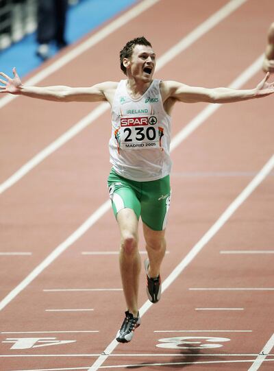 European Indoor Athletics Championships 2005: David Gillick of Ireland celebrates winning the 400m. Photograph: Inpho/Getty