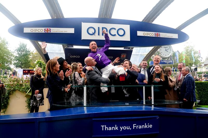 Jockey Frankie Dettori celebrates after winning the Qipco Champion Stakes on King Of Steel at Ascot. Photograph: John Walton/PA Wire