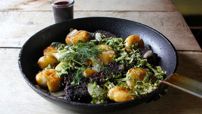 Morcilla hash with hispi cabbage and lovage