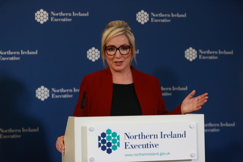 First Minister of Northern Ireland Michelle O'Neill speaks during a press conference at Stormont Castle, Belfast on Monday. Photograph: PA Wire


