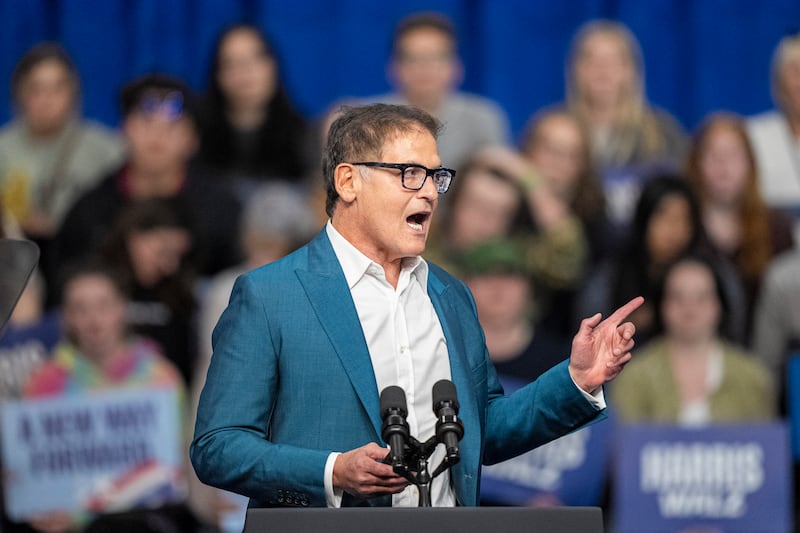 Businessman and television personality Mark Cuban addresses a rally for US vice-president Kamala Harris in La Crosse, Wisconsin. Photograph: Andy Manis/Getty Images