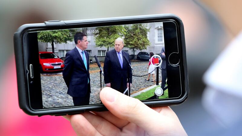 Apple back taxes: Paschal Donohoe with then minister for finance Michael Noonan when they announced the government’s decision to appeal the European Commission’s €13 billion ruling. Photograph: Paul Faith/AFP/Getty