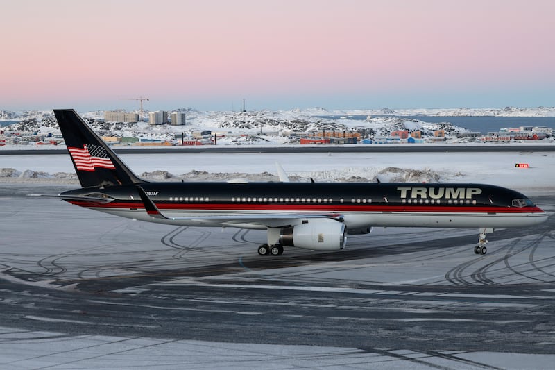 The aircraft carrying  Donald Trump Jr arrives in Nuuk, Greenland, on Tuesday. Photograph: Emil Stach/Ritzau Scanpix/AFP via Getty Images