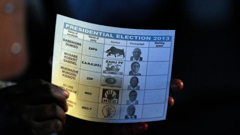 A ballot with images of all Zimbabwean presidential candidates is seen at a polling station in Domboshava, about 45 km north of Harare. Photograph: Siphiwe Sibeko/Reuters.