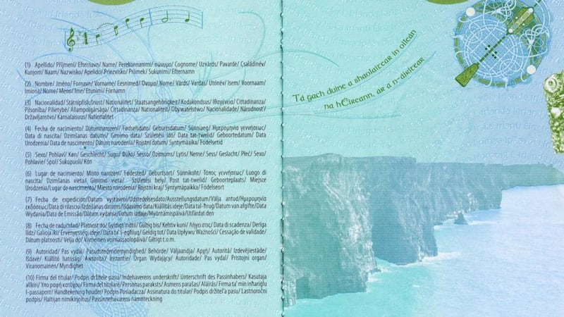 The redesigned Irish passport includes the musical score for the national anthem, characters from the Ogham alphabet and excerpts from the work of poets Nuala Ní Dhomhnaill, WB Yeats and James Orr. Photograph:  Dara Mac Donaill