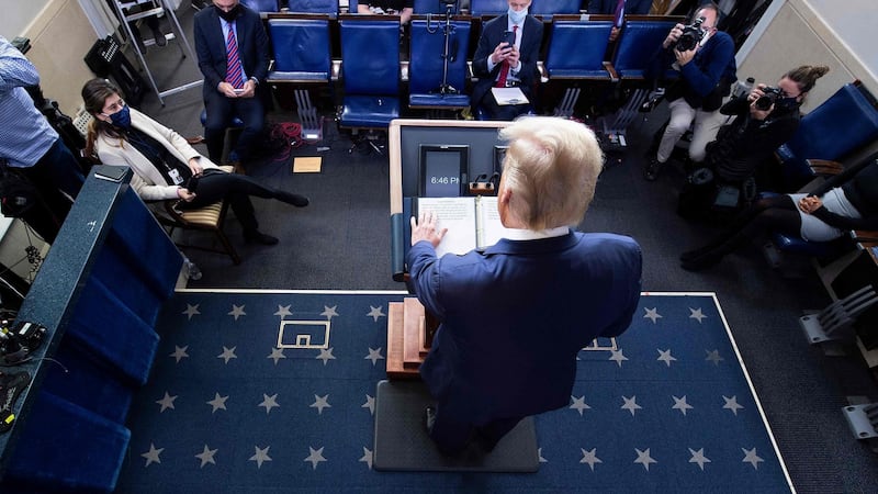 US president Donald Trump speaks in the Brady Briefing Room at the White House. Photograph: Brendan Smialowski /AFP via Getty Images