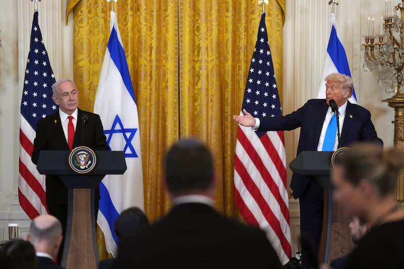 
                        Prime Minister Benjamin Netanyahu of Israel listens as President Donald Trump speaks during a news conference in the East Room at the White House in Washington, on Tuesday, Feb. 4, 2025. Trump’s proposal that the United States should “take over Gaza” and forcibly relocate two million Palestinians to other countries upended decades of American foreign policy. (Eric Lee/The New York Times)
                      