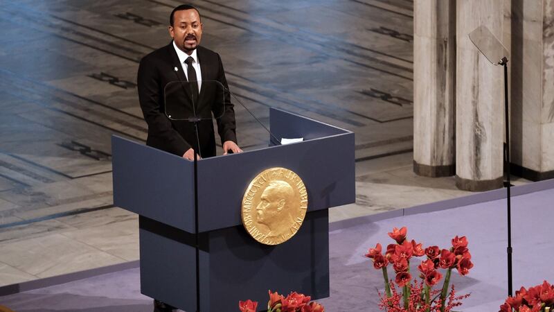 Ethiopia’s prime minister  Abiy Ahmed  speaks on stage after being awarded  the Nobel Peace Prize in Oslo in  December 2019. Photograph: Erik Valestrand/Getty Images