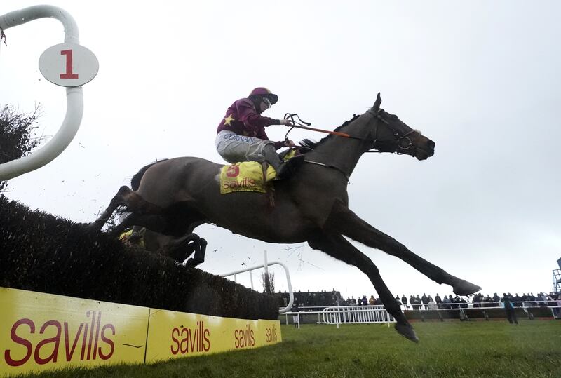 Minella Indo ridden by Rachael Blackmore goes on to win the Savills New Year's Day Chase at Waterford and Tramore Racecourse, Tramore,  New Year's Day, January 1st, 2023. Photograph: Niall Carson/PA