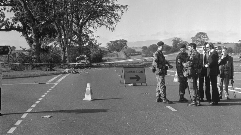 British soldiers at the scene of the Miami Showband Killings on the A1 road at Buskhill in Co Down, 31st July 1975.  Photograph: Independent News and Media/Getty Images