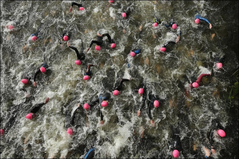 A general view of competitors during the swim leg of the TriAthy, hosts to the Triathlon Ireland Super Series and Vodafone National Series, Athy, Co. Kildare. Taken on Canon EOS-1D X,EF 16-35mm f2.8 lens 800th Sec @ f10. Photo: Morgan Treacy/Inpho