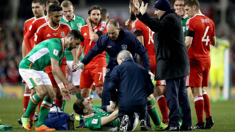 Semus Coleman had his leg broken by Neil Taylor during Ireland’s goalless draw with Wales in March 2017. Photograph: Ryan Byrne/Inpho