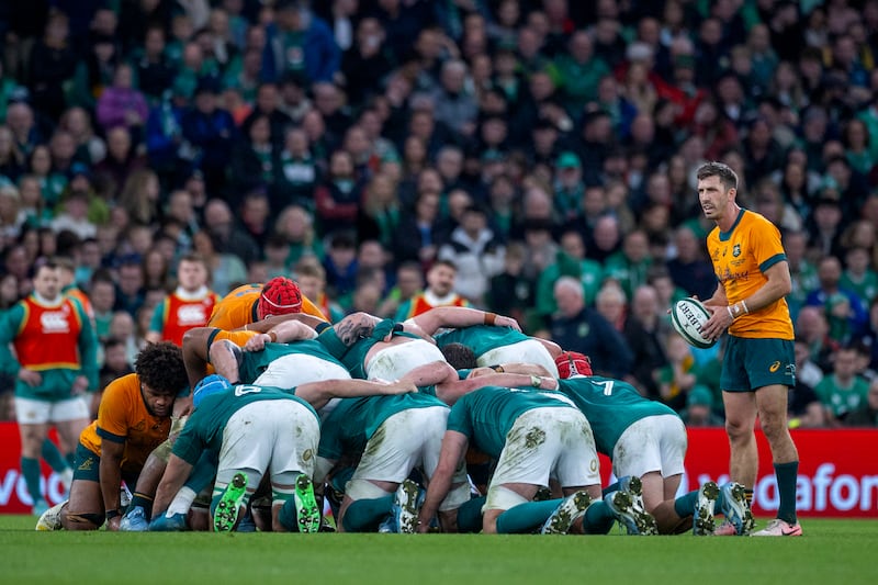 Jake Gordon of Australia prepares to feed a scrum during his side's match against Ireland at the Aviva. Photograph: Tim Clayton/Corbis/Getty 