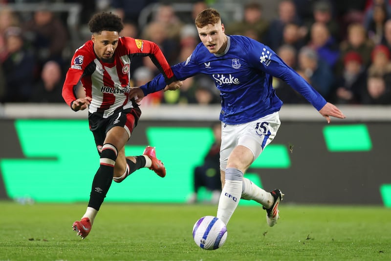 Jake O'Brien in action against Brentford's Kevin Schade. Photograph: Richard Heathcote/Getty Images