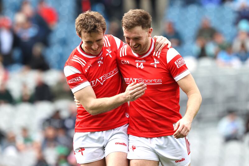 Louth's Bevan Duffy and Sam Mulroy celebrate in the Leinster GAA Senior Football Championship semi-final. Photograph: Bryan Keane/Inpho