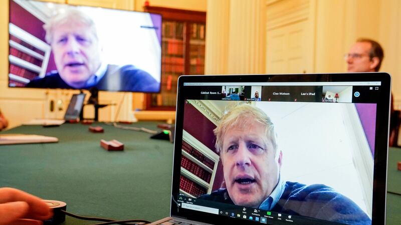 UK prime minister Boris Johnson chairing a Covid-19 meeting by Zoom, after self-isolating after testing positive for the Coronavirus. Photograph: Andrew Parsons/Crown Copyright/10 Downing Street/PA Wire