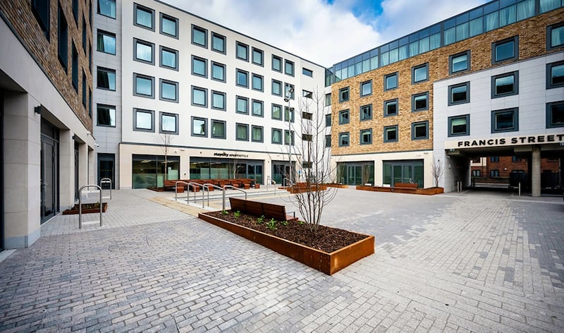 Staycity: the public square at the development on Francis Street in Dublin, where the Tivoli performance and arts space normally sits empty. Photograph: Staycity.com