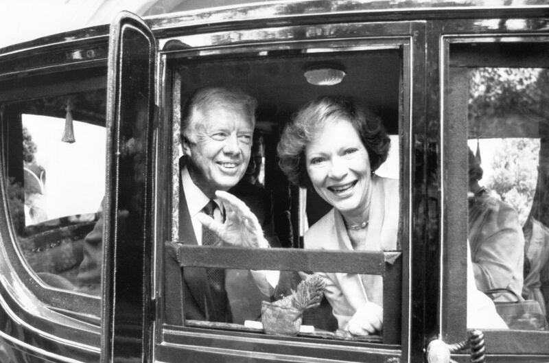 Former US president Jimmy Carter and his wife Rosalyn travelling by carriage in the Newcastle lord mayor's parade in 1987. Photograph : PA Wire 