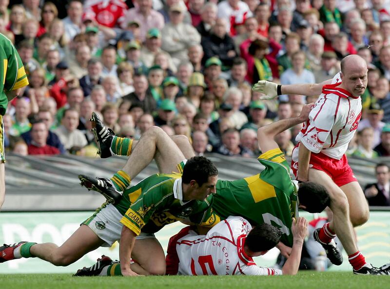 Kerry's Tom O'Sullivan and Paul Galvin in an off-the-ball scuffle with Davy Harte and Peter Canavan of Tyrone in the 2005 All-Ireland Senior Football final. Photograph: Morgan Treacy/Inpho