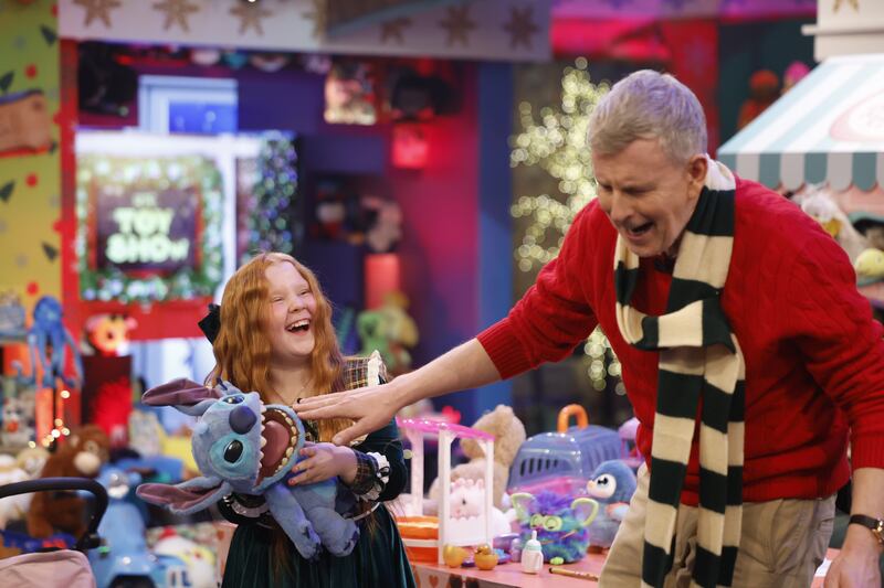 Patrick Kielty with Dory Hudson (8) from Tallaght on set of this year's Late Late Toy Show. Photograph: Andres Poveda