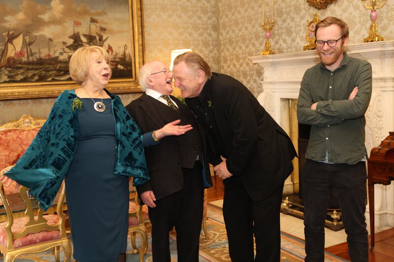 President Michael D Higgins and his wife Sabina with actor Brendan Gleeson and his son Brian at Áras an Uachtaráin. Photograph: Laura Hutton