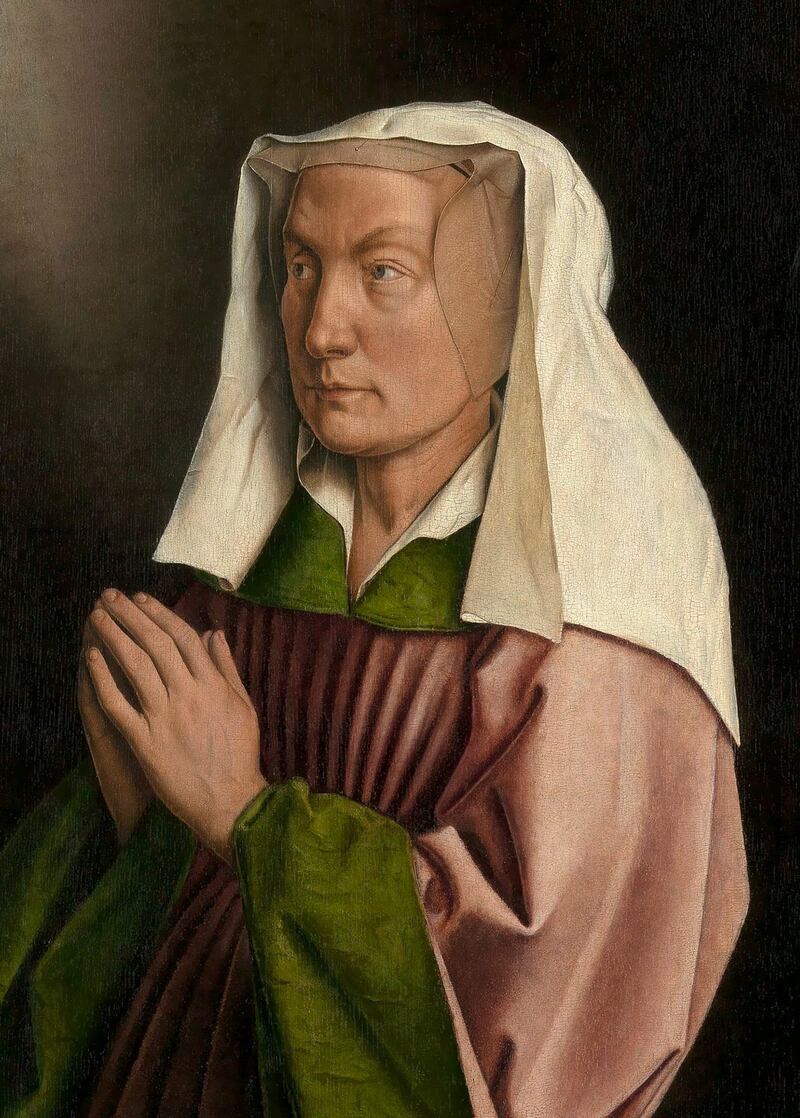 Restoration revealed the pleats in Elisabeth Borluut’s dress. With her husband  Jan Van Eyck, they commissioned   the Ghent Altarpiece. Photograph:  Hugo Maertens