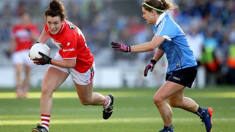 Ciara O’Sullivan with Noelle Healy  at the Dublin vs Cork TG4 Ladies Senior All-Ireland Championship final at Croke Park, Dublin 2016. Photograph: Ryan Byrne/©Inpho