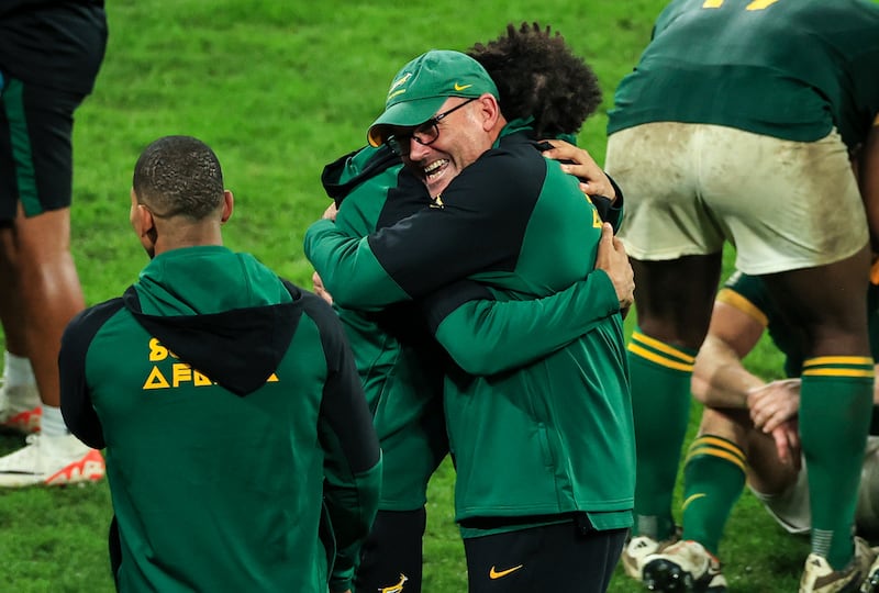 Jacques Nienaber celebrates after South Africa's 20233 Rugby World Cup final win over New Zealand. Photograph: James Crombie/Inpho