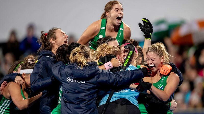 Ireland players celebrate after qualifying for next year’s Olympic games in Tokyo after victory over Canada following penalty strokes after the second leg of the qualifier in Donnybrook. Photograph: Morgan Treacy/Inpho