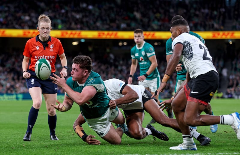 Ireland's Gus McCarthy is tackled by Fiji's Ponipate Loganimasi. Photograph: Ben Brady/Inpho