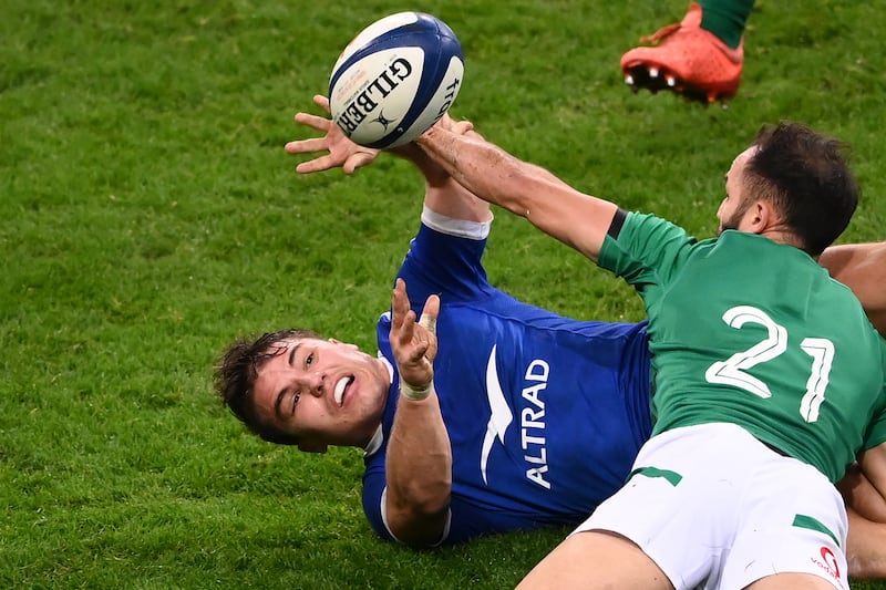 France's scrumhalf Antoine Dupont is tackled by Ireland's Jamison Gibson-Park. The two players will lock horns again at the Aviva. Photograph: Franck Fife/AFP via Getty Images