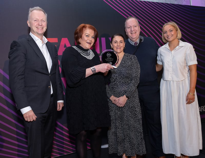 Matt Cooper, Today FM and Michelle Gutherie, Skillnet
Ireland presenting the winners of Hospitality Business Of the Year Hotel Woodstock – Sean Lally, Elaine Lally, Caoimhe Lally. Photograph: Paul Sherwood
