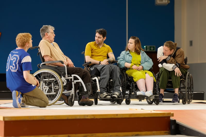 Mark Fitzgerald playing Brendan and others, Peter Kearns playing Dermot, Eric Fitzgerald playing Martin, Sorcha Curley playing Ursula and Sarah, and Ferdia MacAonghusa playing Albert and Sean during  rehearsals for No Magic Pill at the Artane School of Music. Photograph: Alan Betson/The Irish Times

