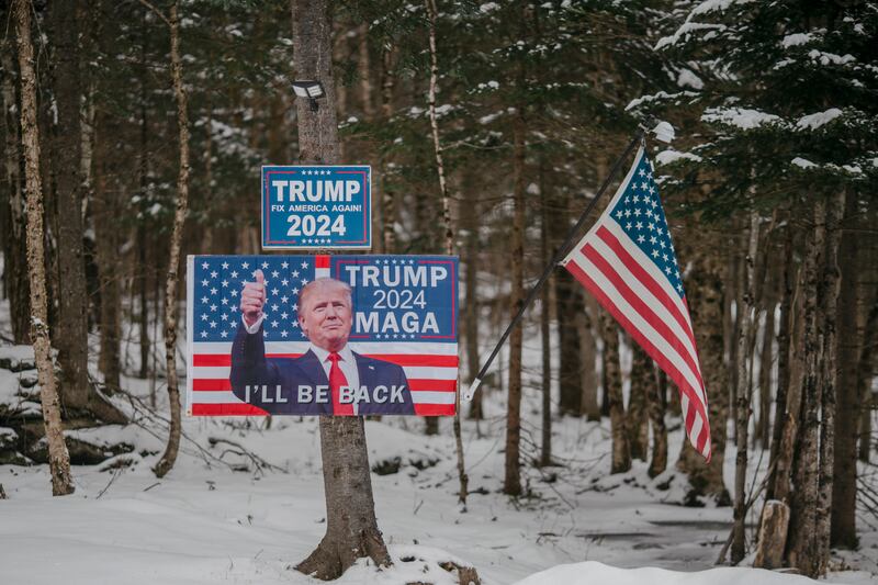 A poster of former president Donald Trump in a  forest near Pittsburg, New Hampshire. Photograph: John Tully/New York Times
                      