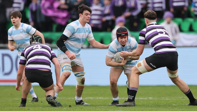 Blackrock College’s Harry O'Neill and Terenure College's Luke McNiff. Photograph: James Crombie/Inpho