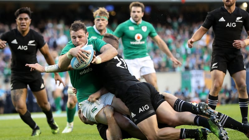 Robbie Henshaw scoring the try that clinched Ireland’s victory over the All Blacks at Soldier Field, Chicago, in 2016. Photograph: Billy Stickland/Inpho