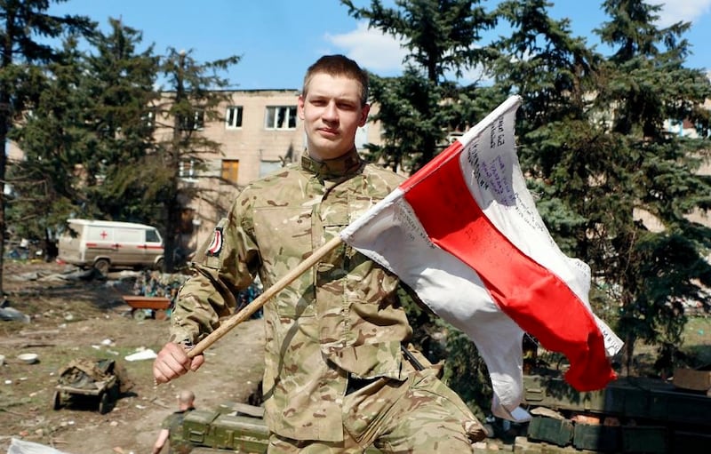 Belarusian Yan Melnikau fighting in the defence of Pisky, near occupied Donetsk in eastern Ukraine, in 2015. Photograph courtesy of the Kastus Kalinouski regiment