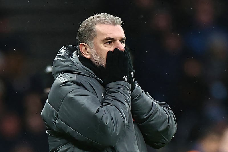 Tottenham manager Ange Postecoglou reacts on the touchline during the Premier League match against Leicester City at Tottenham Hotspur Stadium. Photograph: Henry Nicholls/AFP via Getty Images