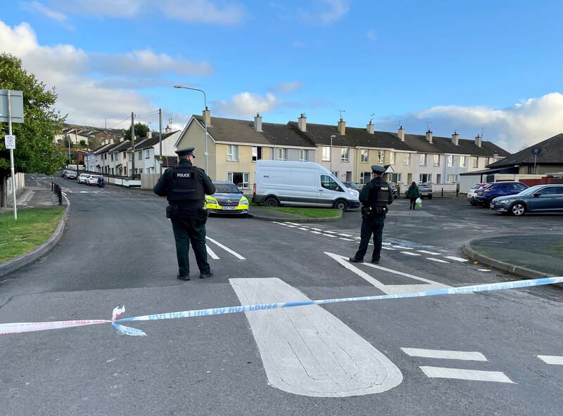 Officers from the PSNI at the scene following the attack on two officers in Strabane. Photograph: David Young/PA