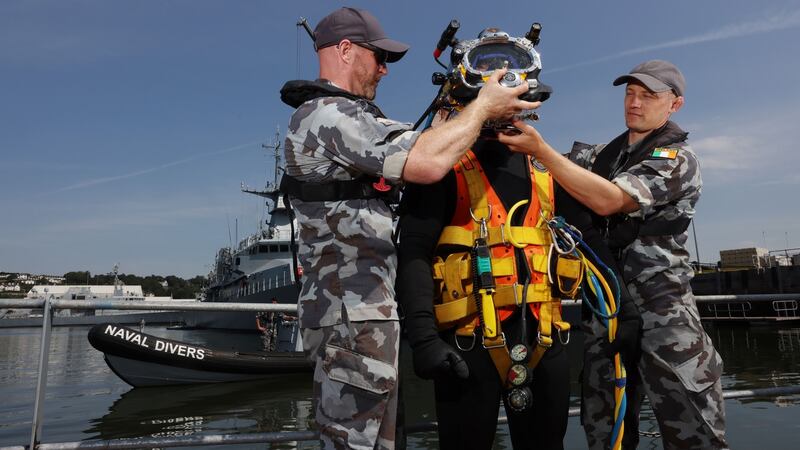 Members of the Naval Service Diving Section using Surface Supplied Diving Equipment at the Naval Base in Haulbowline in Co Cork. Photograph: Alan Betson