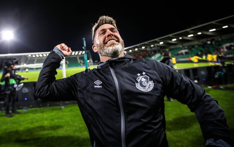 Shamrock Rovers’ head coach Stephen Bradley celebrates after the draw against Apoel in the Europa Conference League at Tallaght Stadium. Photograph: Ryan Byrne/Inpho 