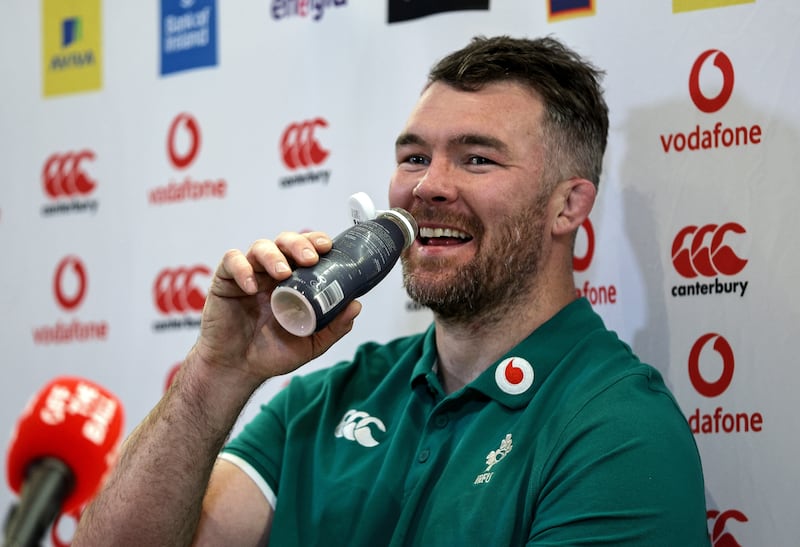 Peter O'Mahony takes a drink during a press conference at the Aviva Stadium. Photograph: Andrew Conan/Inpho               