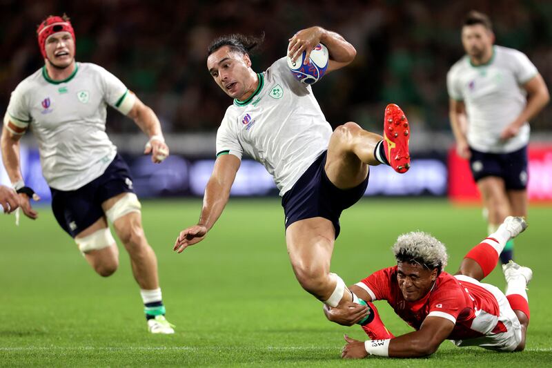 Ireland's James Lowe is tackled by Fine Inisi of Tonga during the weekend game. Photograph: Laszlo Geczo/Inpho