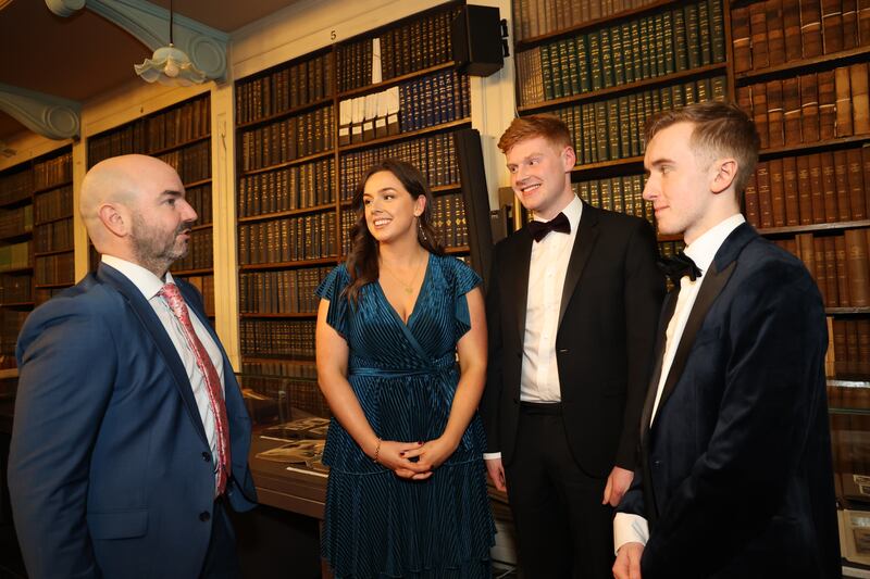 David Honeyford MLA, Alliance Party with team winners Ailbhe Noonan, and Gavin Dowd (Sadsi) and singles winner QUB Literific Dermot Hamill at The Irish Times Debate semi-finals in partnership with ARINS, at the Royal Irish Academy, Dublin. Photograph: Nick Bradshaw